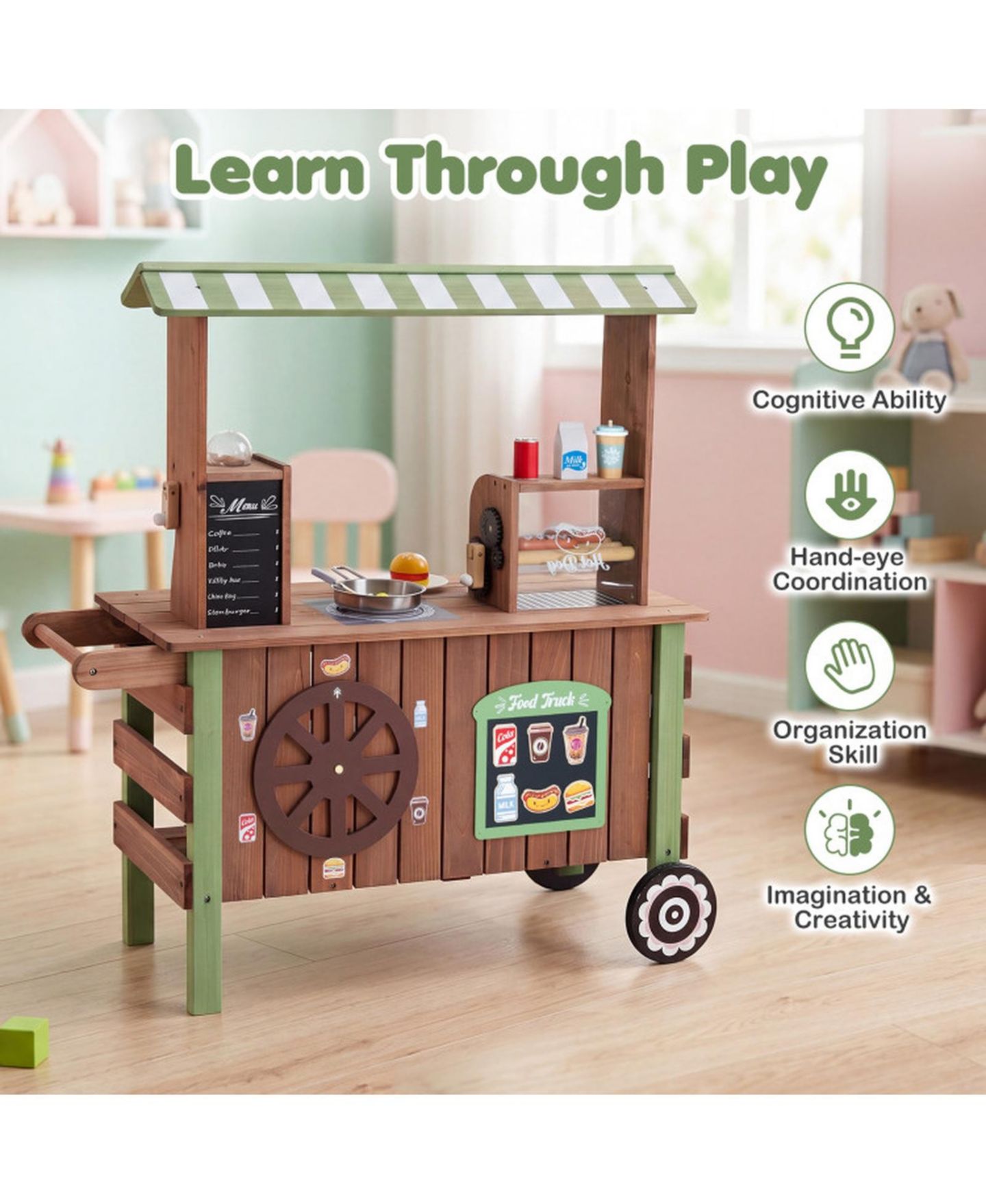 Детский игровой набор HONGGE Grocery Roller Grill and Menu Board Food Cart Playset, Ages 3+, цвет: Коричневый — фото 8