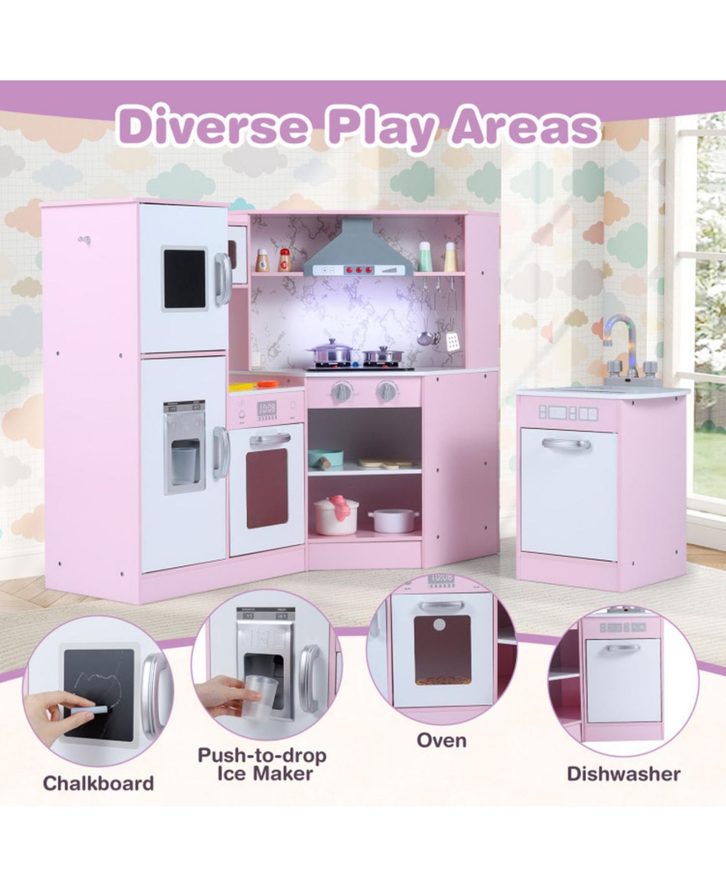 Детский игровой набор HONGGE Kids Corner Play Kitchen Playset with Sensor Faucet and Sound Lights Ages 3, цвет: Розовый — фото 7