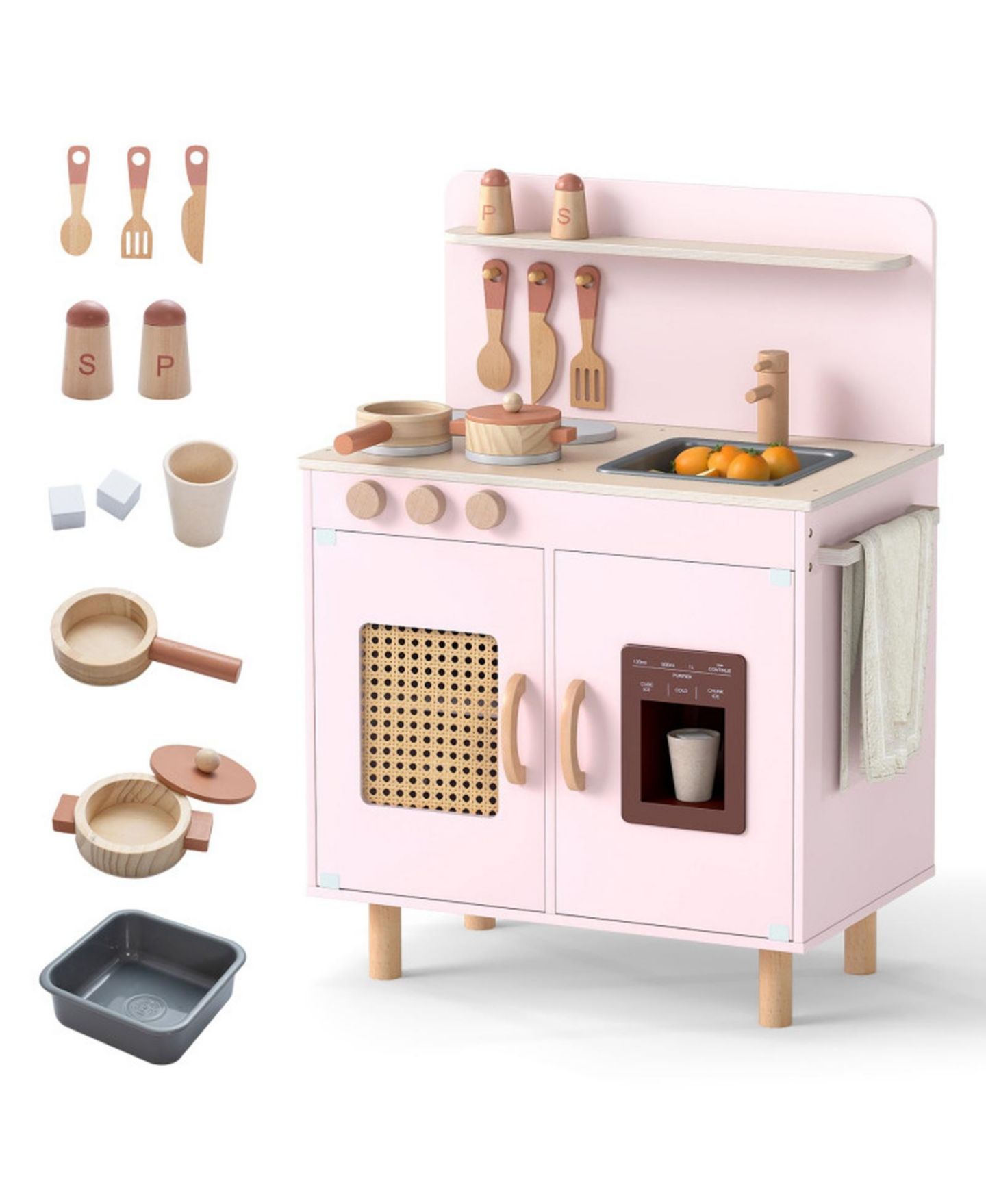 Детский игровой набор HONGGE Kids Wooden Play Kitchen Playset with Working Ice Maker and Sink Ages 3, цвет: Розовый — фото 10