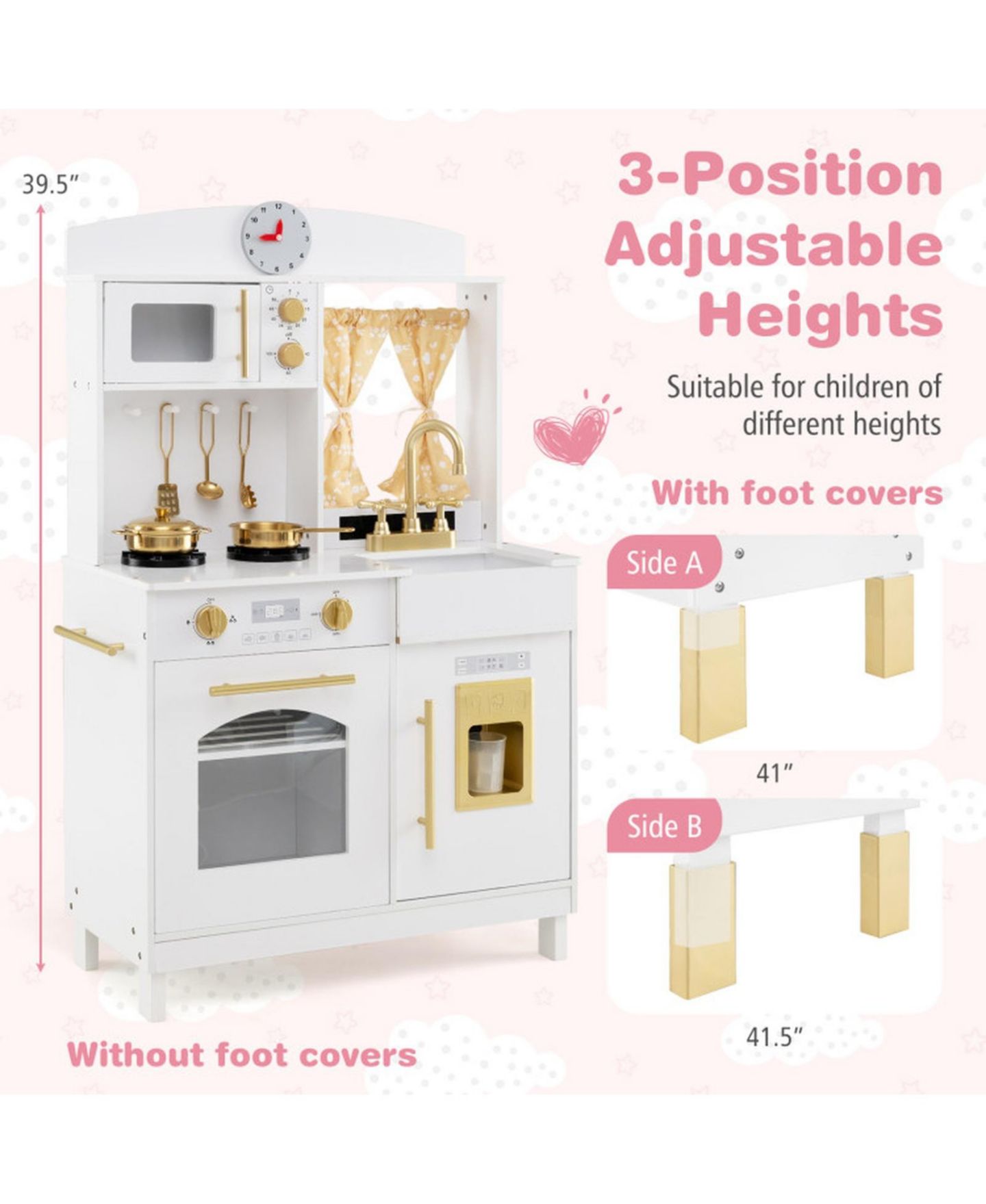 Детская игрушка HONGGE Height-Adjustable Ice-Making Wooden Play Kitchen, Ages 3+, цвет: Золотой — фото 7