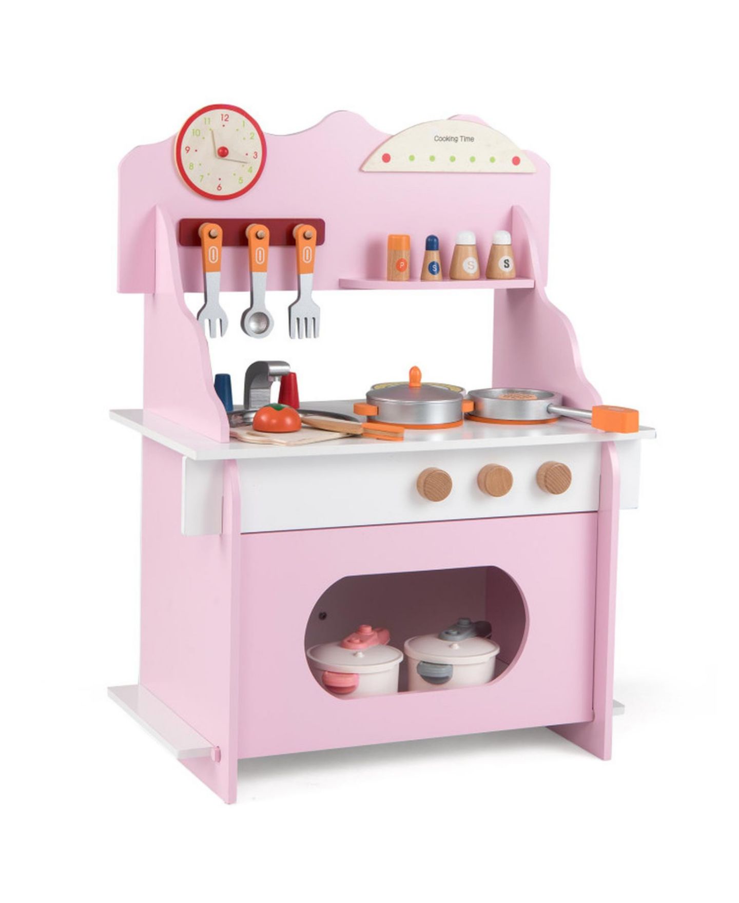 Детские игрушки HONGGE Wooden Double-Burner Play Kitchen with Learning Clock, 12-Piece Set, Ages 3+, цвет: Розовый — фото 10