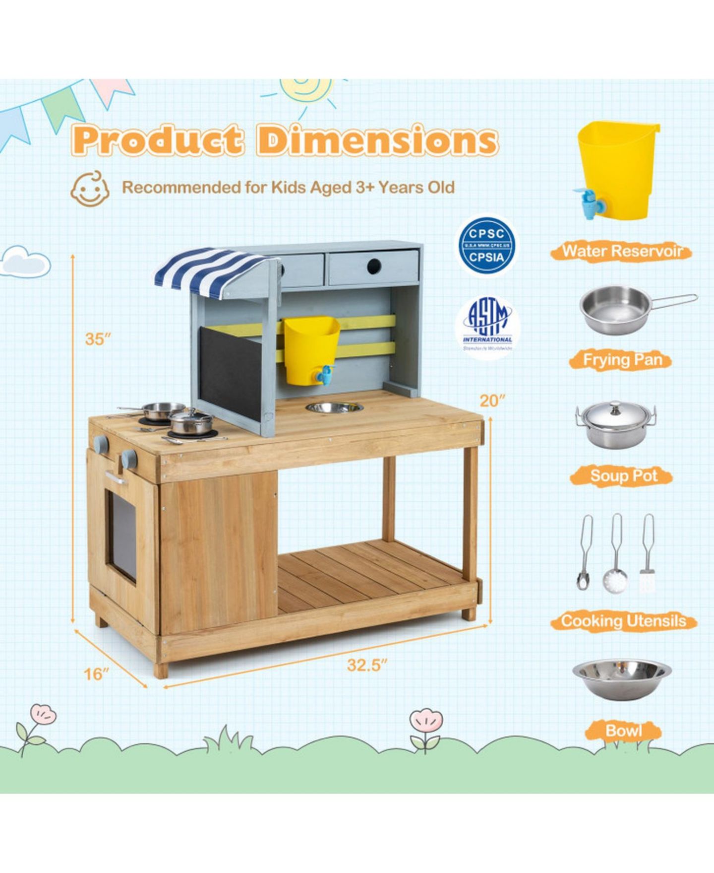 Детские игрушки HONGGE Canopy Mud Kitchen with Water Tank and Faucet, Ages 3+, цвет: Натуральный — фото 3