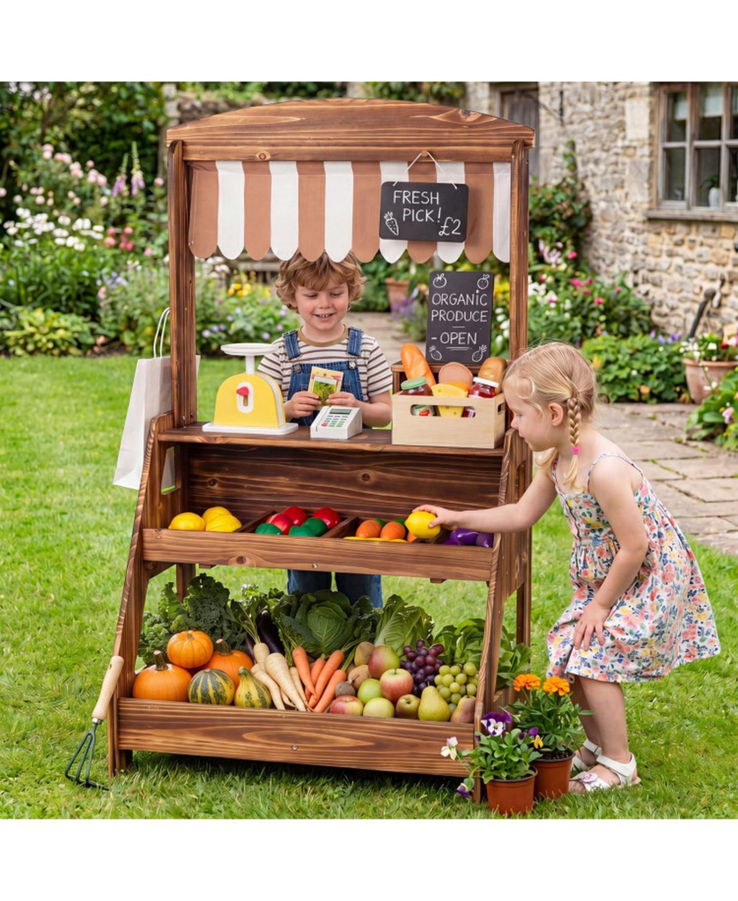 Детские игрушки HONGGE 2-in-1 Wooden Mud Kitchen and Market Stand, 25-Piece, Ages 3+, цвет: Коричневый — фото 2