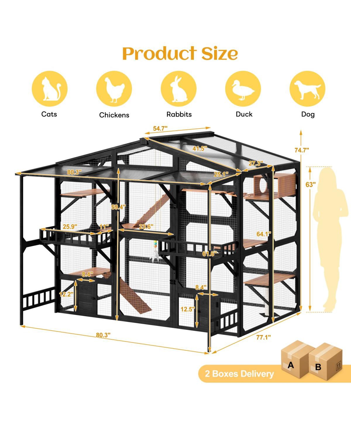 6thdruple Large Wooden Outdoor Catio for Multiple Cats, Weatherproof Pine Cat House