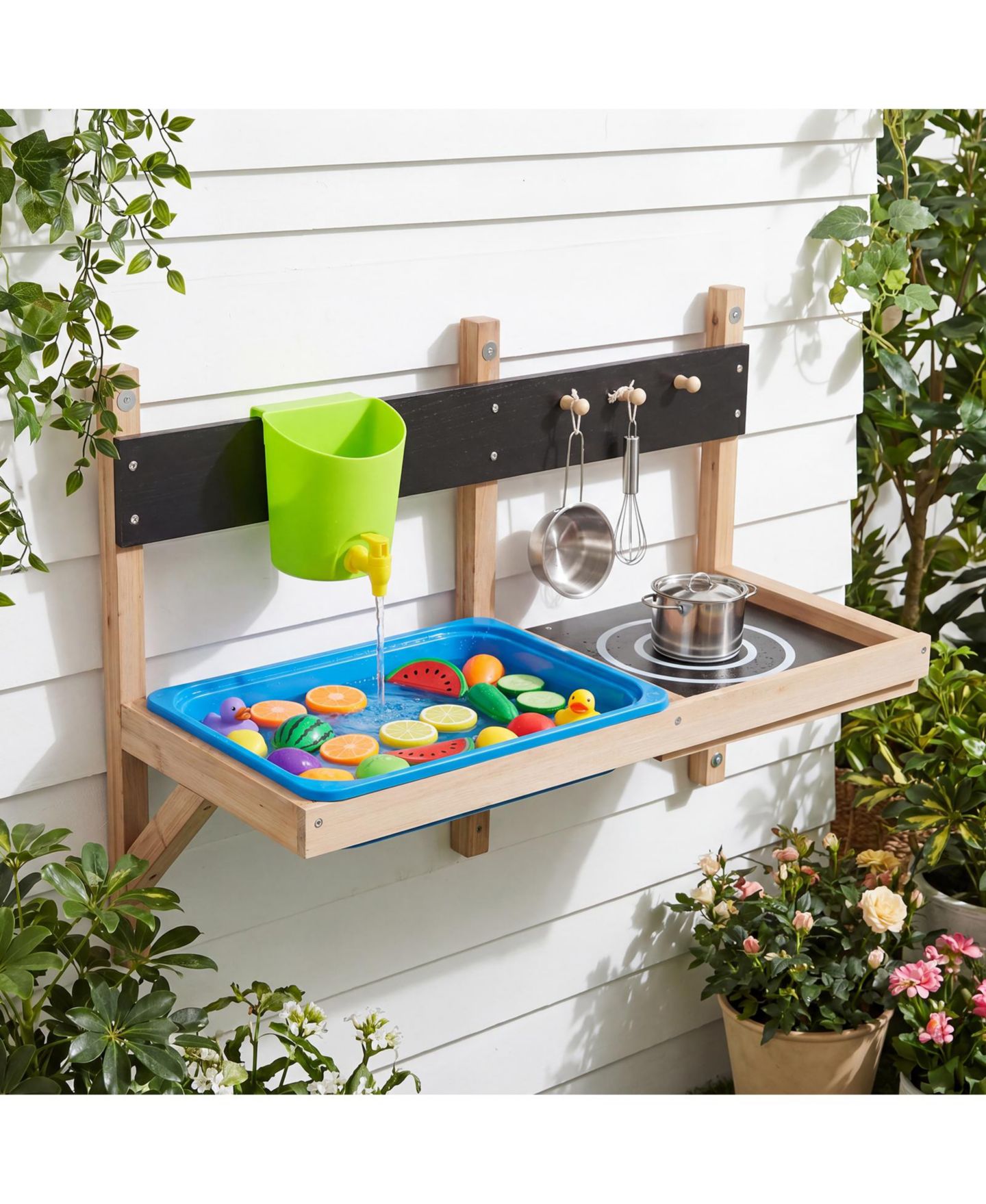 Детская игрушка Gymax Outdoor Wall Mounted Mud Kitchen for Kids Wooden Play Kitchen with Sink Faucet, цвет: Синий — фото 4