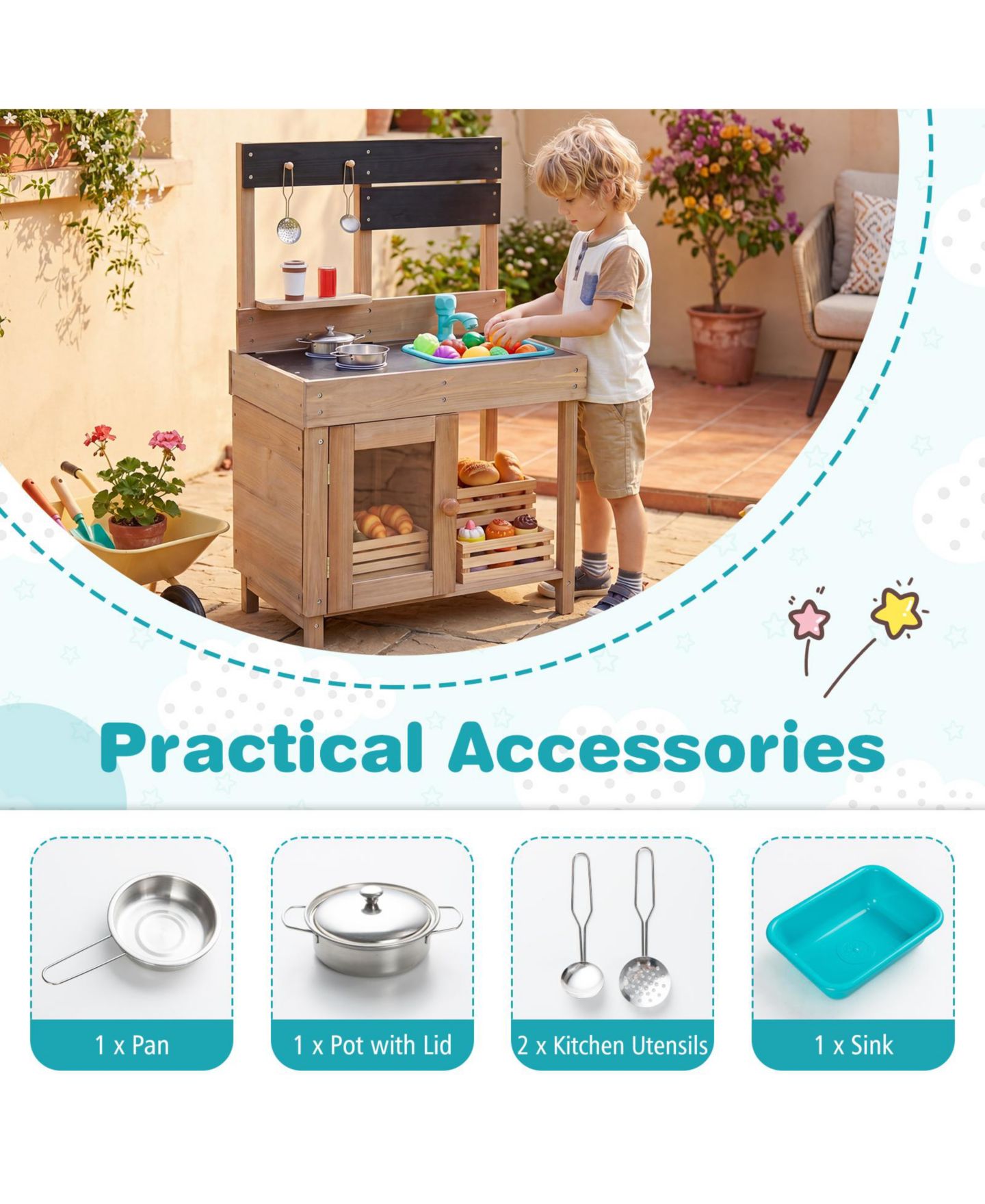 Детская игрушка Gymax Outdoor Wooden Mud Kitchen, Ages 3+, цвет: Жёлтый — фото 6