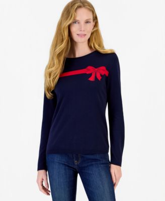 Women's Bow Jacquard Crewneck Holiday Sweater