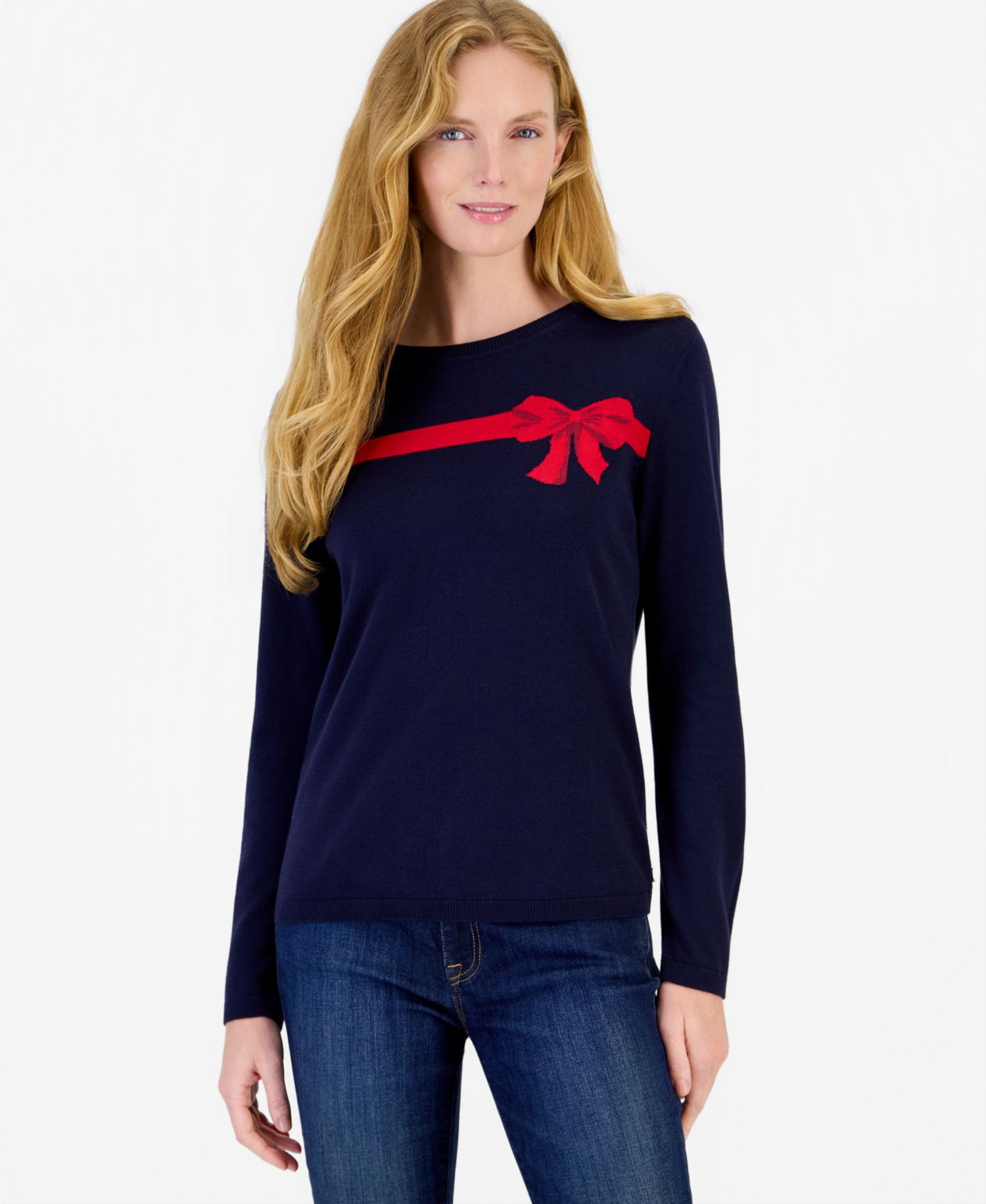 Women's Bow Jacquard Crewneck Holiday Sweater