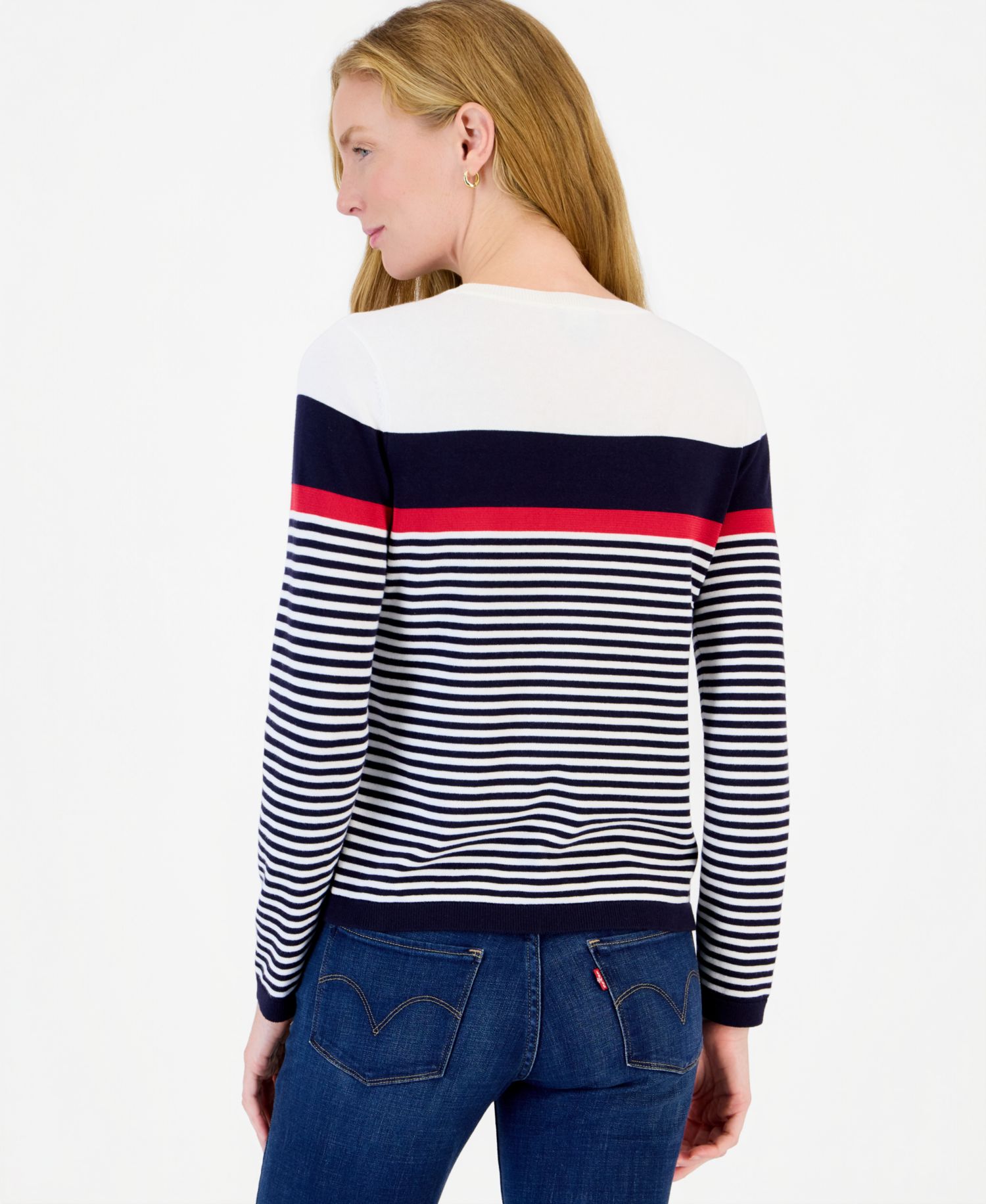 Women's Long-Sleeve Crewneck Striped Snowflake Holiday Sweater