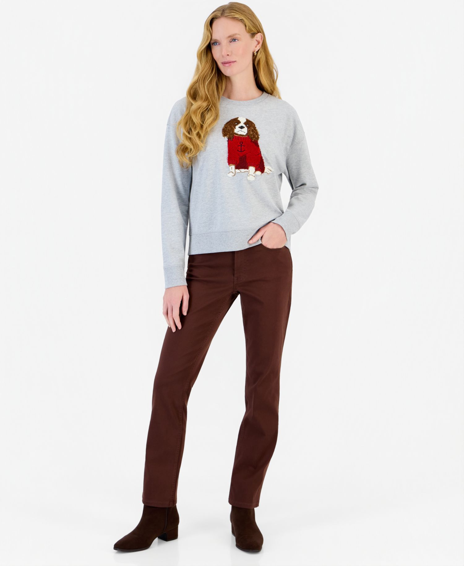 Women's Crewneck Long-Sleeve Chenille-Embroidered Dog Graphic Sweatshirt