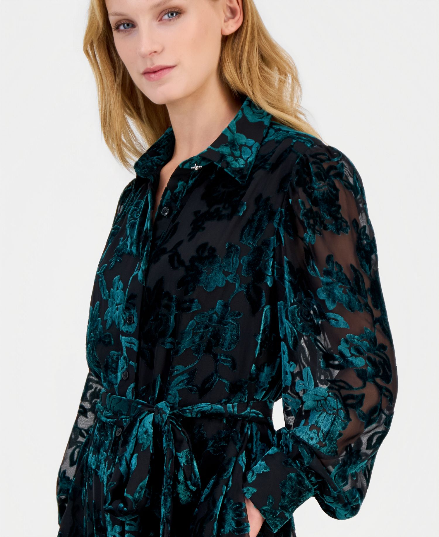 Petite Velvet Burnout Tiered Fit-and-Flare Shirt Dress