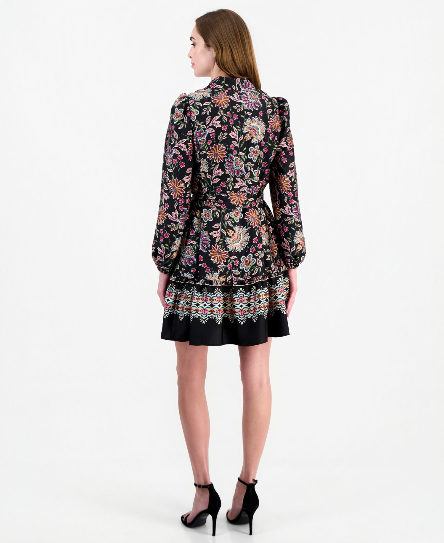 Women's Floral-Print Tiered Long-Sleeve Shirt Dress