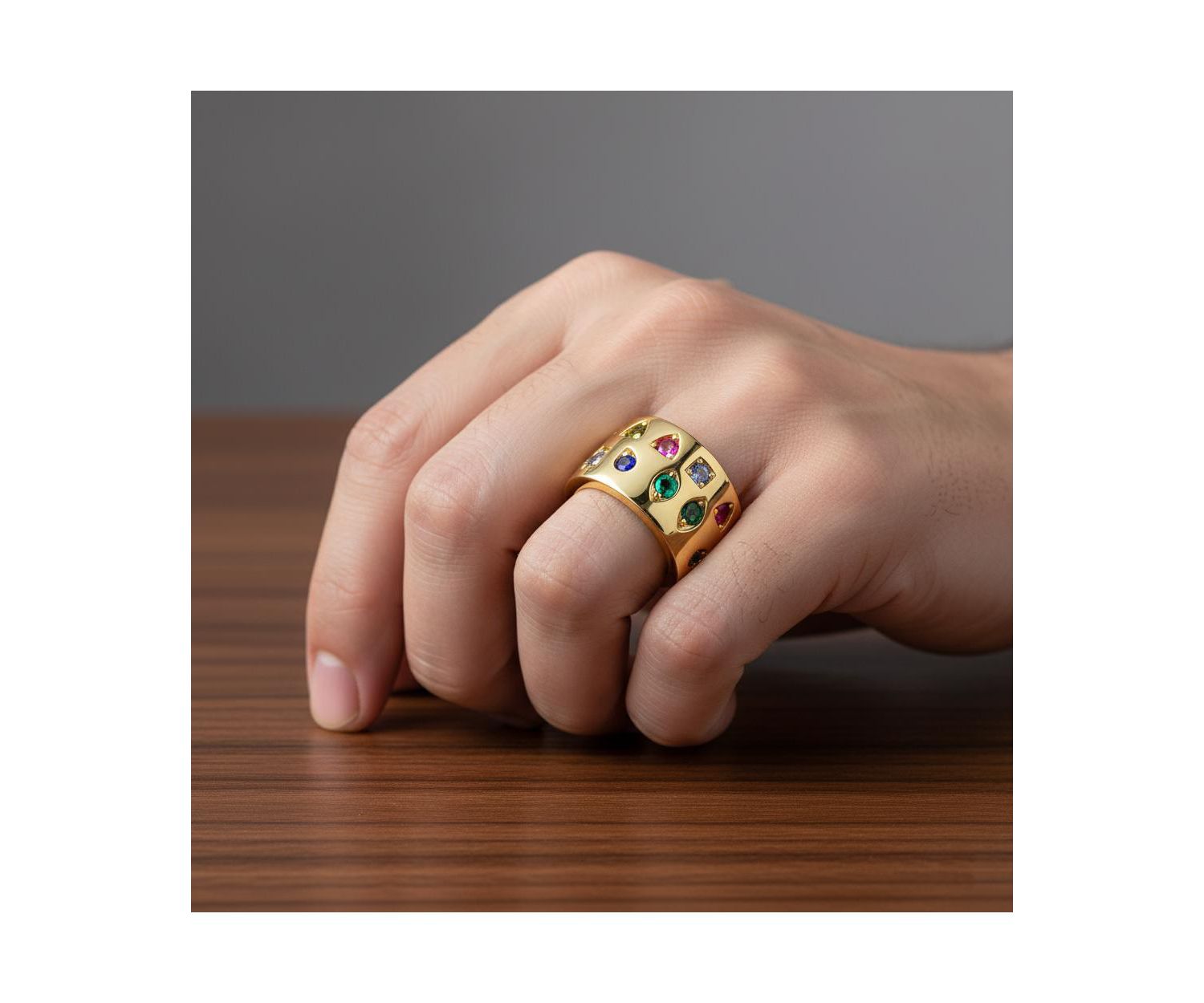 14K Gold Plated Vibrant Multi Color CZ Wide Band Ring