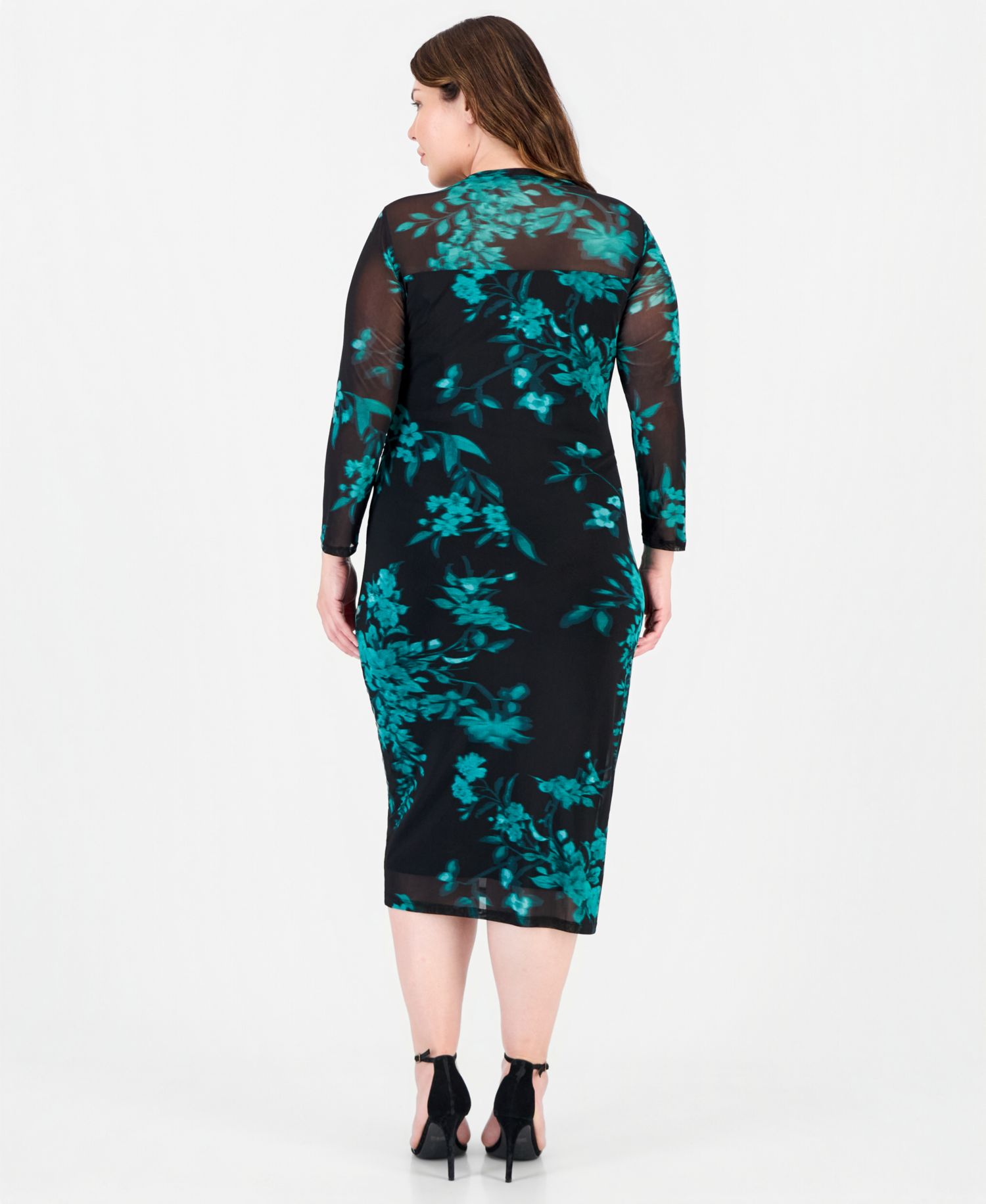 Petite Floral Long-Sleeve Mesh Midi Dress