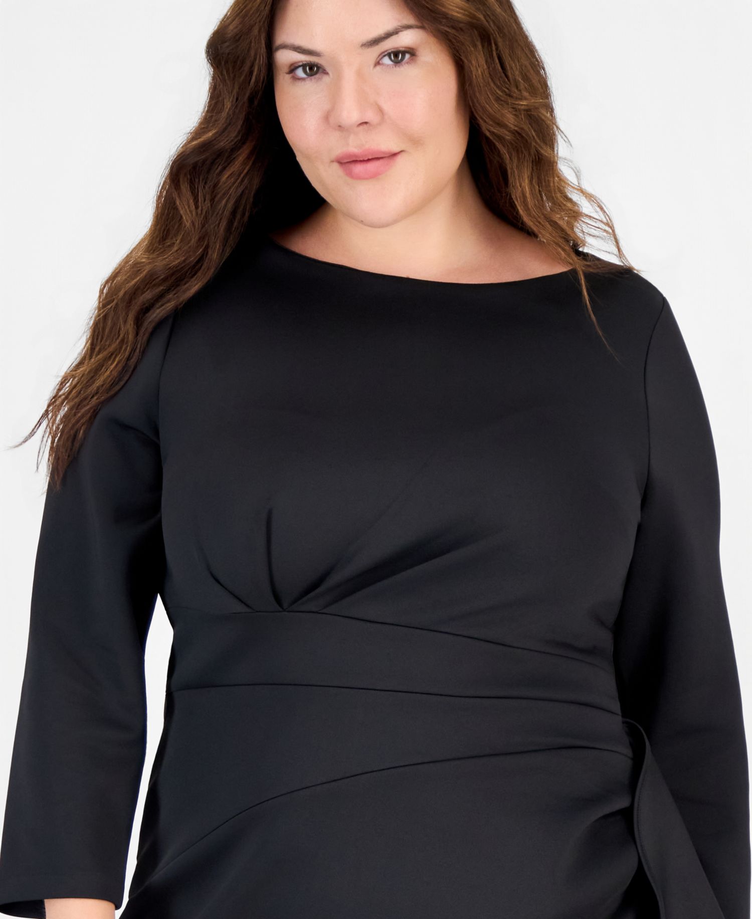 Petite Boat Neck Draped Cascading-Ruffle Sheath Dress