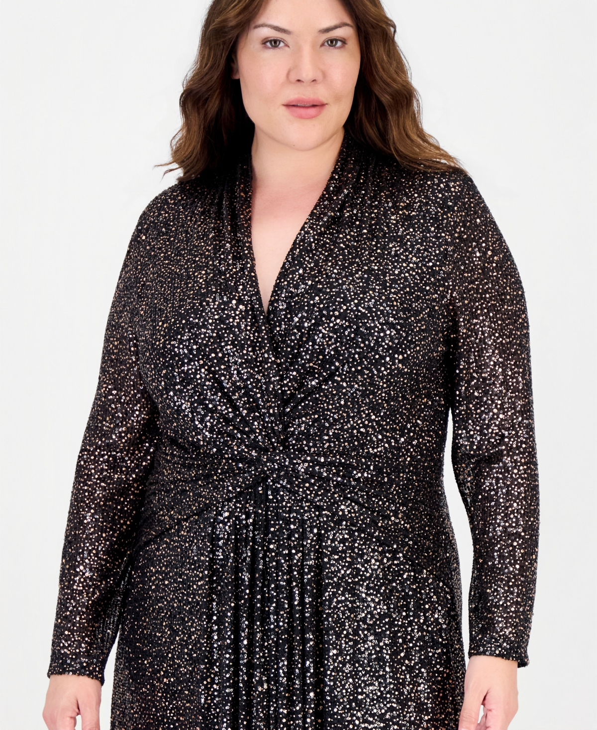 Anne Klein Plus Twist Front V-Neck Long-Sleeve Maxi Dress