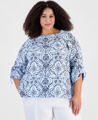 Plus Size Printed Boat Neck 3/4-Sleeve Linen Blouse