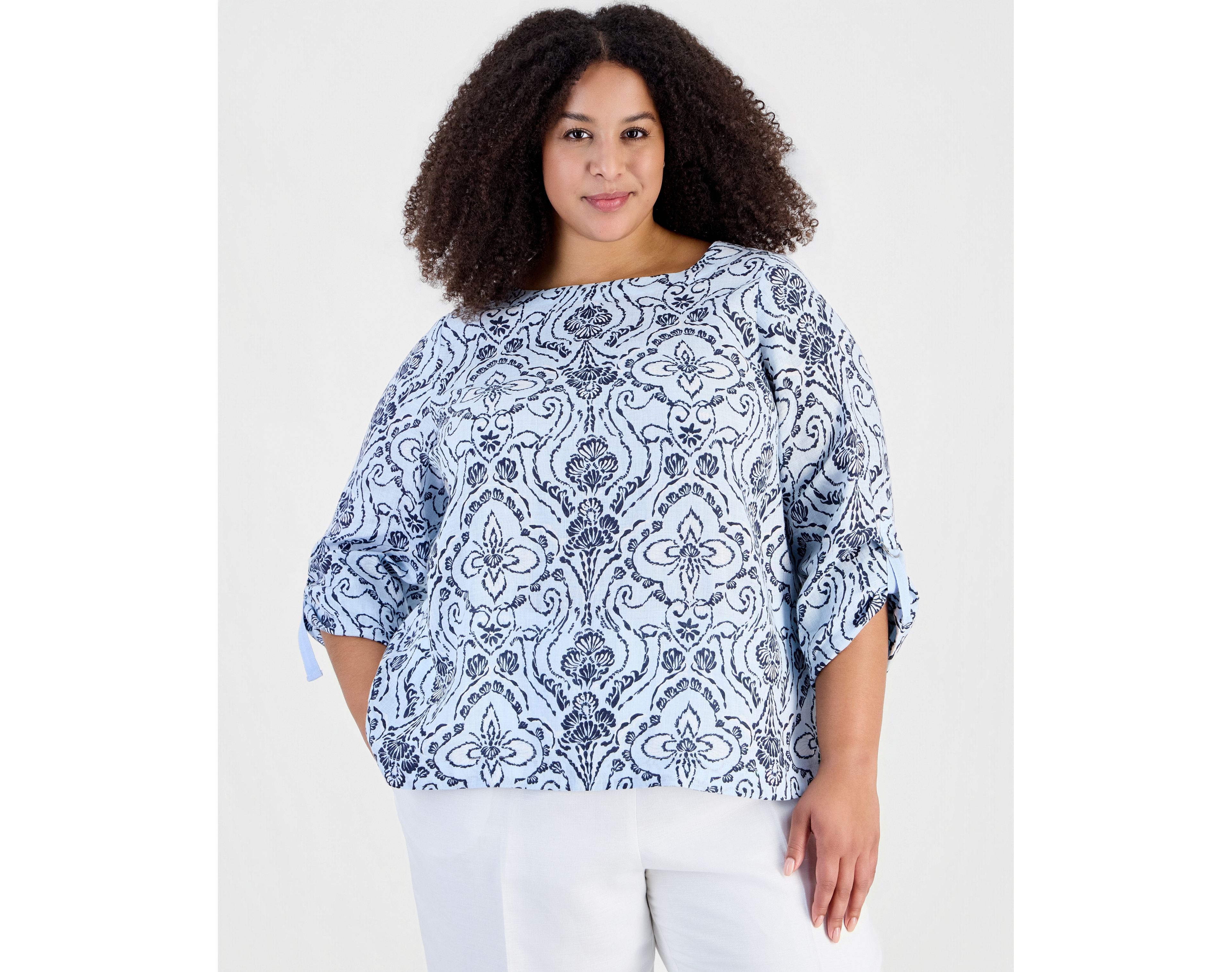 Charter Club Plus Printed Boat Neck 3/4-Sleeve Linen Blouse, Macy's Exclusive