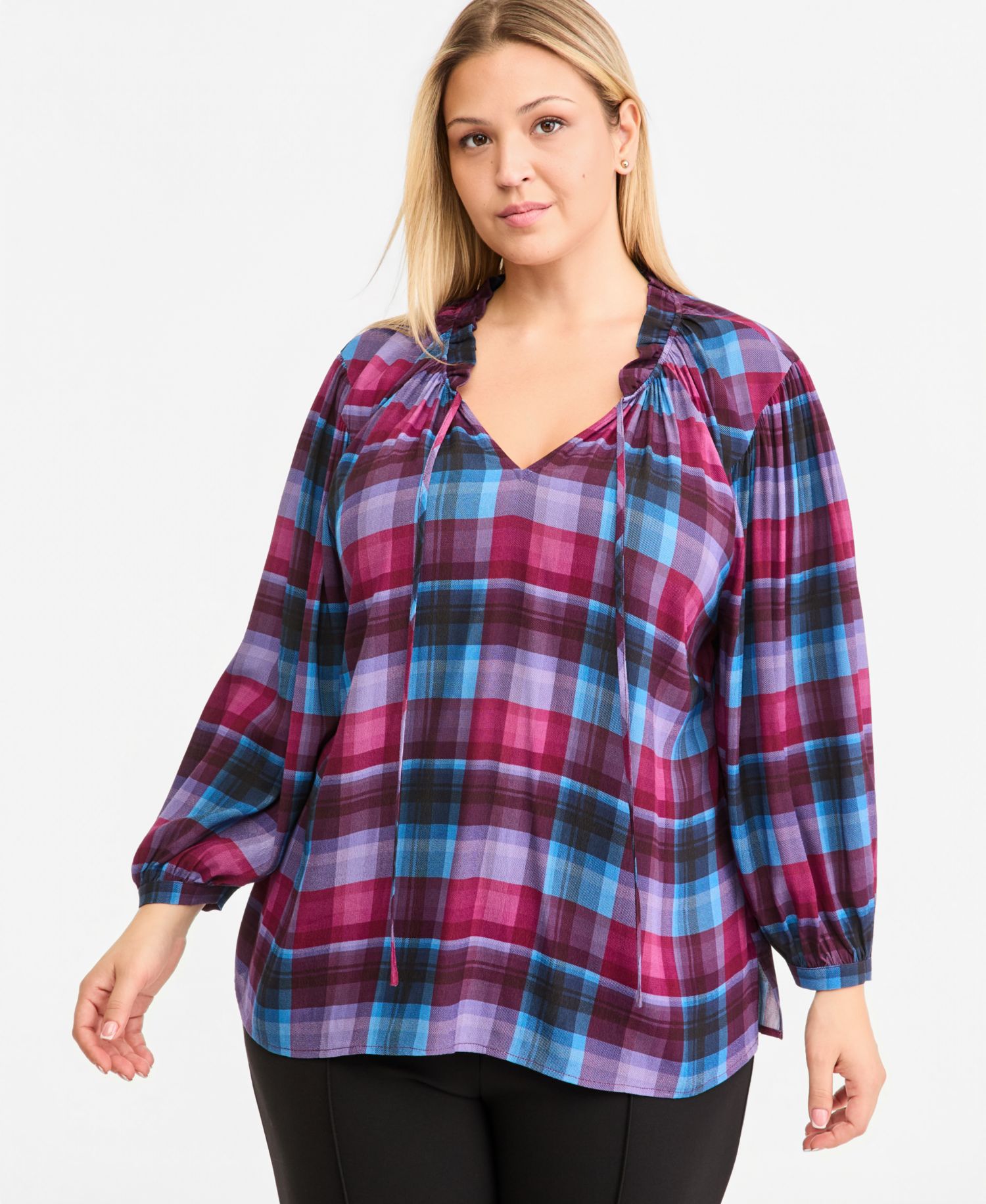 Plus Size Long-Sleeve Plaid Split-Neck Peasant Blouse