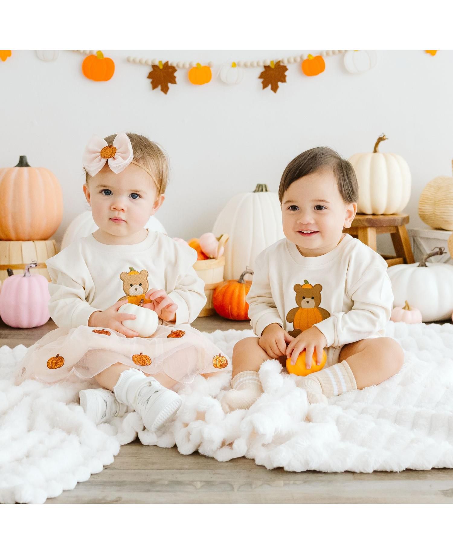 Baby Boys Pumpkin Teddy Bear Patch Long Sleeve Romper