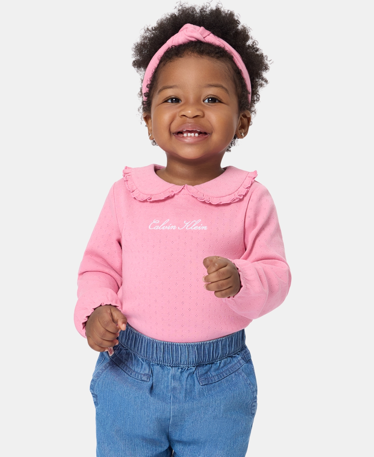 Calvin Klein Baby Girls' Long-Sleeve Bodysuit, Pants and Bow Headband, 3-Piece Set