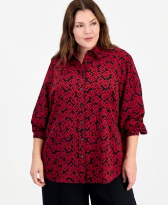 Plus Size Houndstooth Long-Sleeve Blouse
