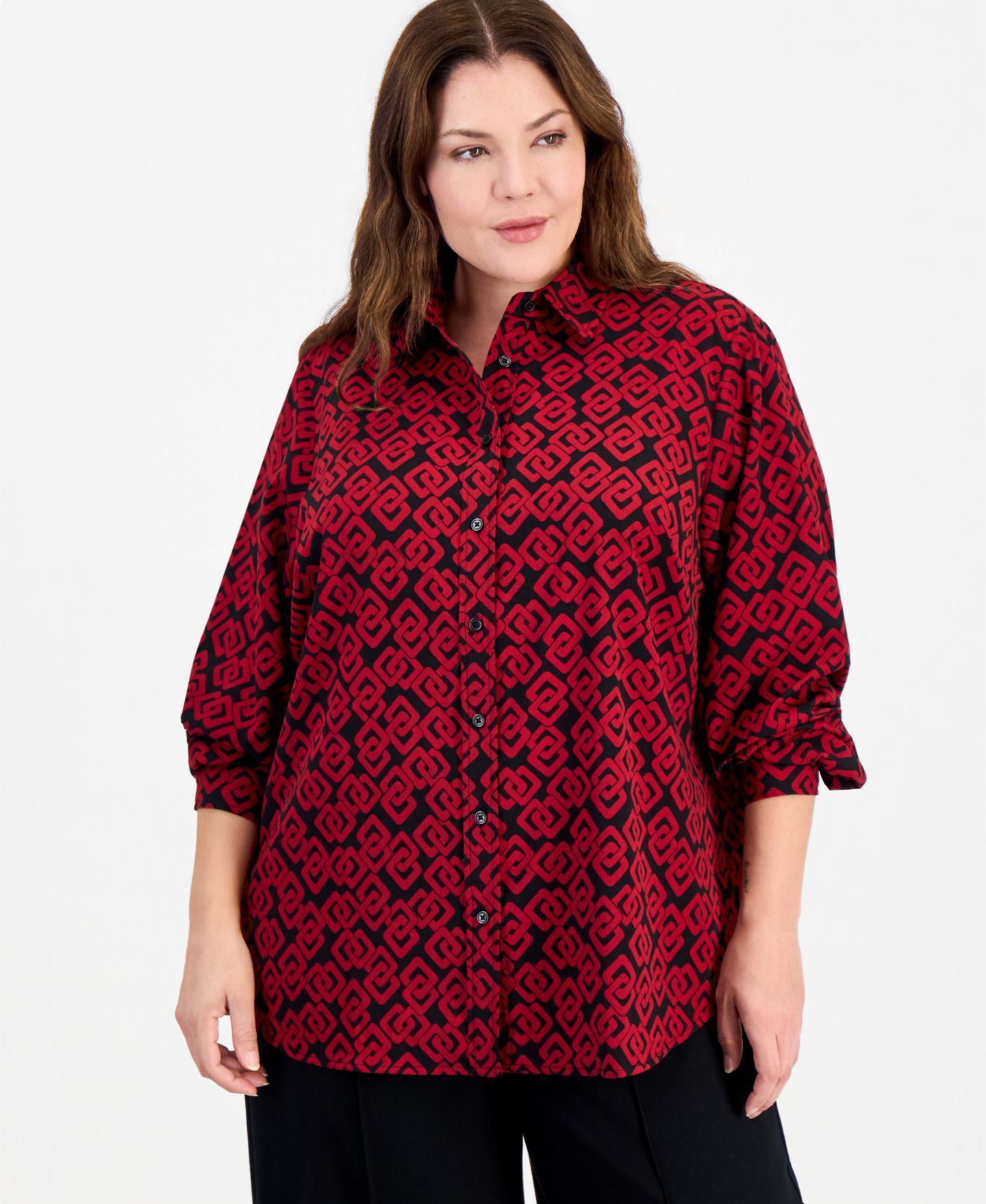 Женская блузка Anne Klein Essentials Plus Size Houndstooth Long-Sleeve, цвет: Чёрный / Красный — фото 1