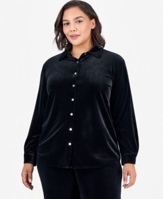 Plus Size Long-Sleeve Velvet Button-Front Top