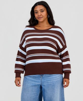 Plus Size Striped Crewneck Long-Sleeve Sweater