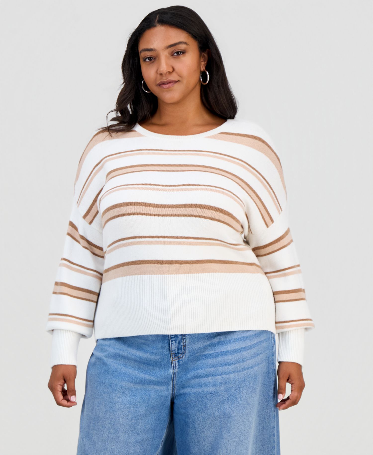 Plus Size Striped Crewneck Long-Sleeve Sweater
