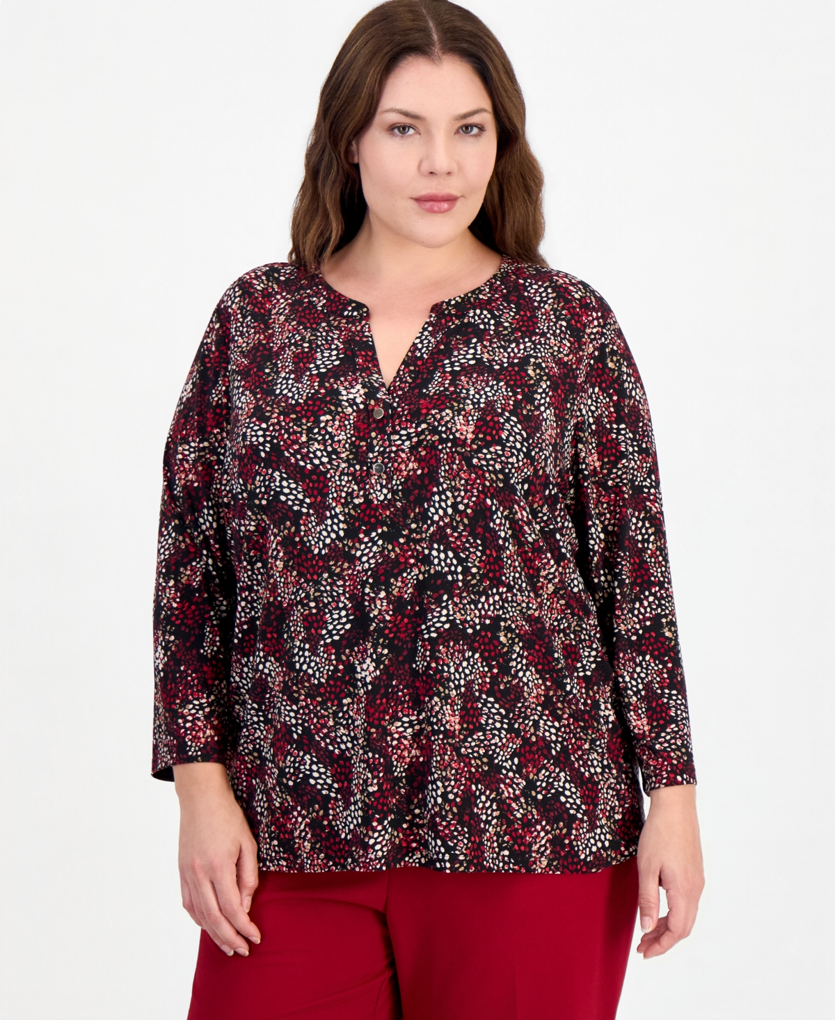 Anne Klein Essentials Plus Henley 3/4-Sleeve Printed Top