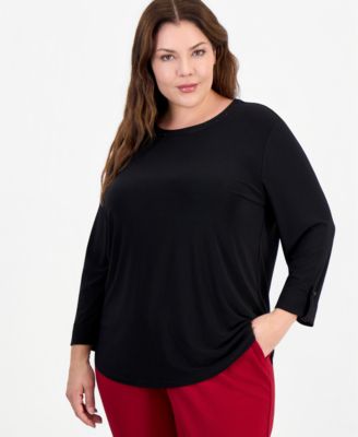 Plus Size 3/4-Sleeve Scoop Neck Roll-Cuff Top
