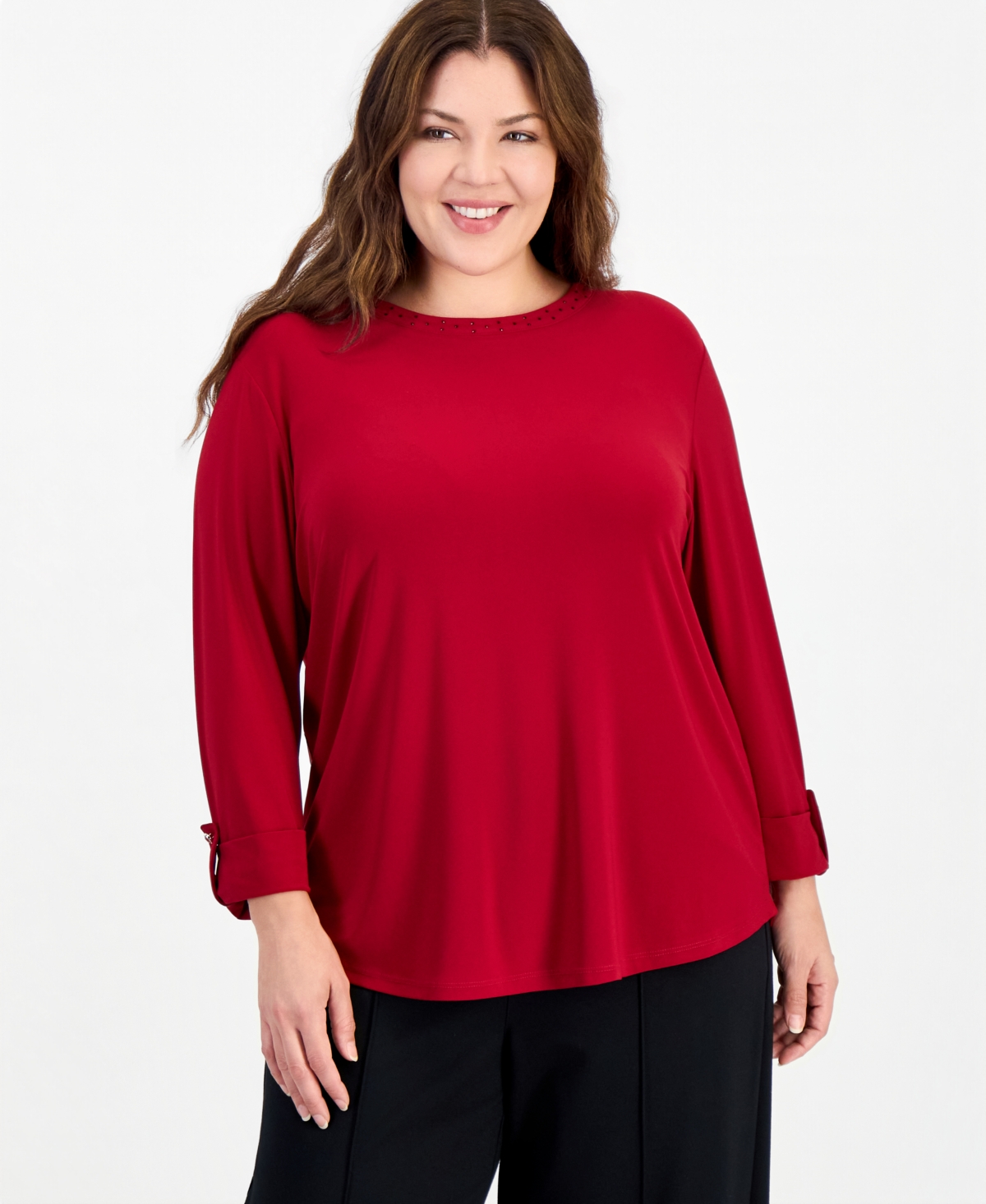 Anne Klein Essentials Plus Size 3/4-Sleeve Scoop Neck Roll-Cuff Top - Titian Red