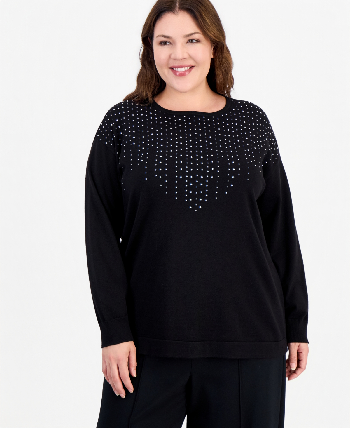 Anne Klein Essentials Plus Long-Sleeve Boat Neck Embellished Sweater