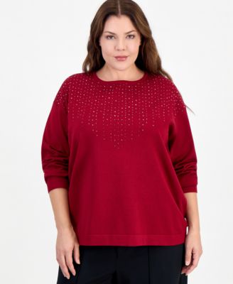 Plus Size Long-Sleeve Boat Neck Embellished Sweater