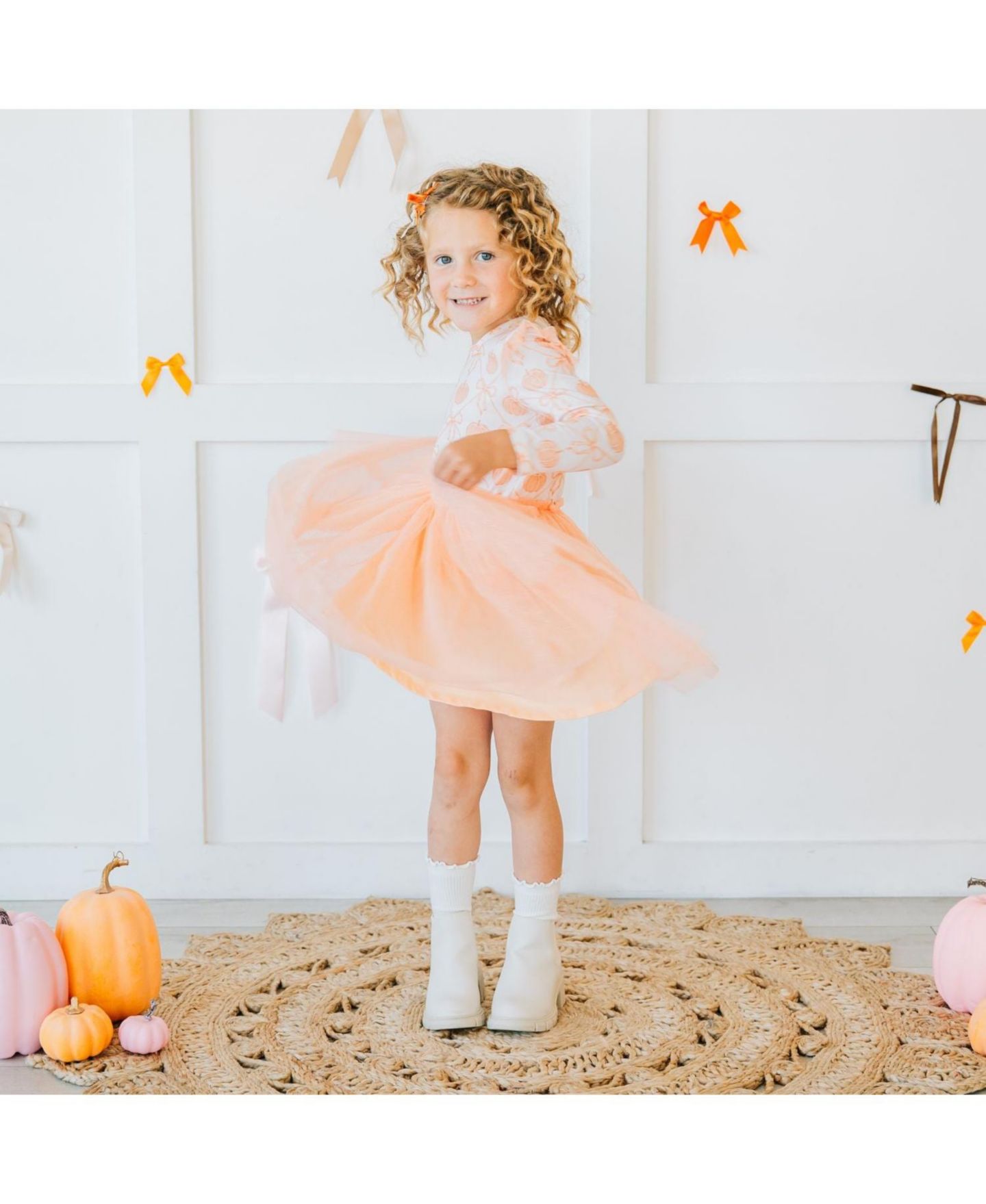 Платье Sweet Wink Pumpkin Bow Trellis Long Sleeve Tutu Dress для девочек, цвет: Мягкий персиковый — фото 5