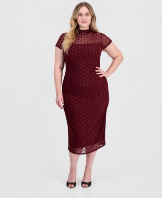 Plus Size Polka-Dot Ruched Mock-Neck Short-Sleeve Midi Dress