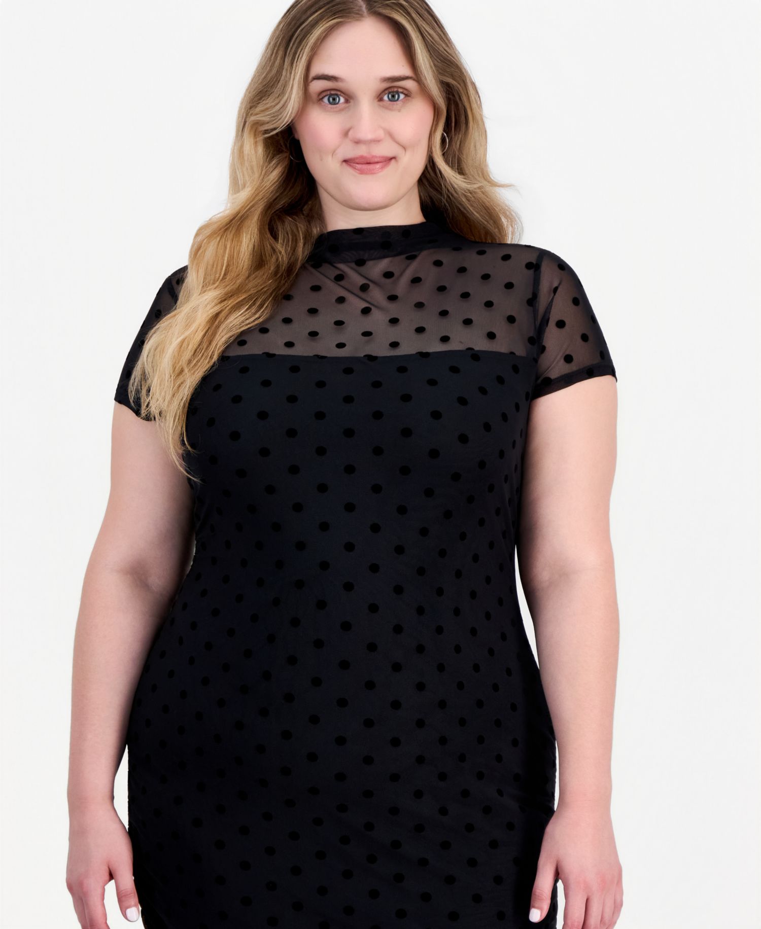 Plus Size Polka-Dot Ruched Mock-Neck Short-Sleeve Midi Dress