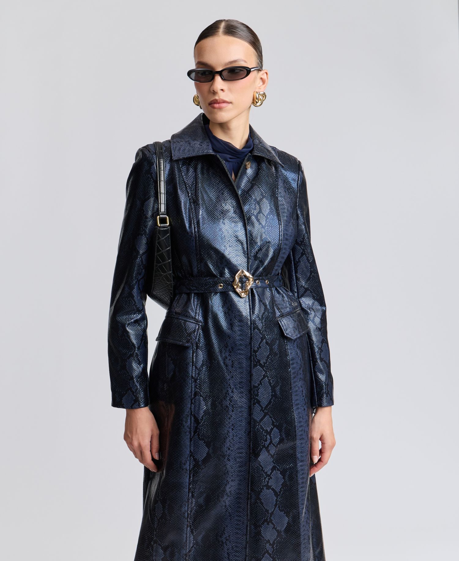 Women's Center Front Belted Python-Print Faux Leather Trench Coat