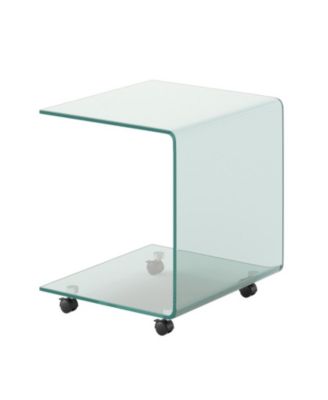 C-Shaped Tempered Glass End Table with Shelf and Detachable Wheels