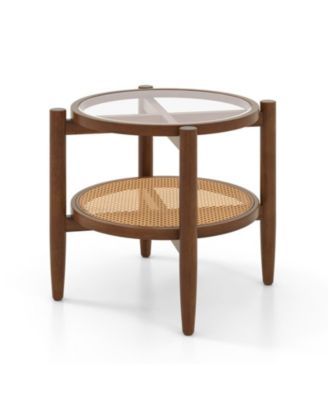 Round Rattan Side End Table with Tempered Glass Tabletop and Shelf