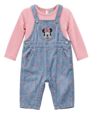Baby Girls' Ribbed Top and Minnie Mouse Embroidered Denim Overall, 2-Piece Set