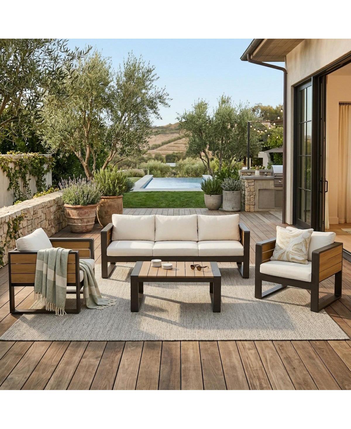 Asagikoiai 4 Piece Aluminum Patio Furniture Set with Cushions and Fold Out Side Tables