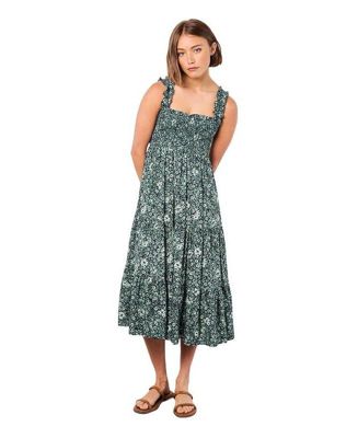 Women's Viscose Floral-Print Square Neck Tiered Midi Dress