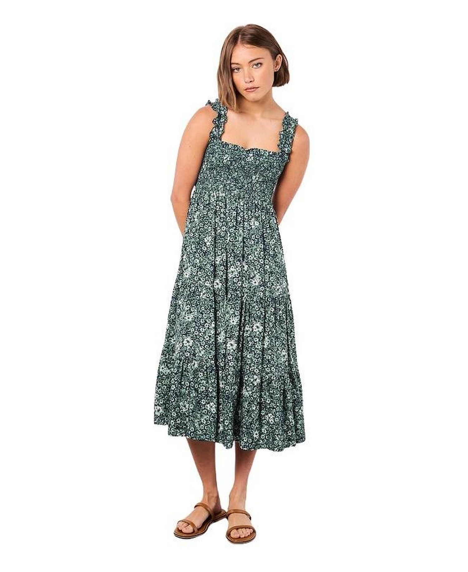 Women's Viscose Floral-Print Square Neck Tiered Midi Dress
