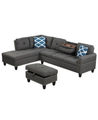 98in Sectional Sofa with Movable Storage Ottoman Linen Fabric 98 x 69.5 x 32.5in