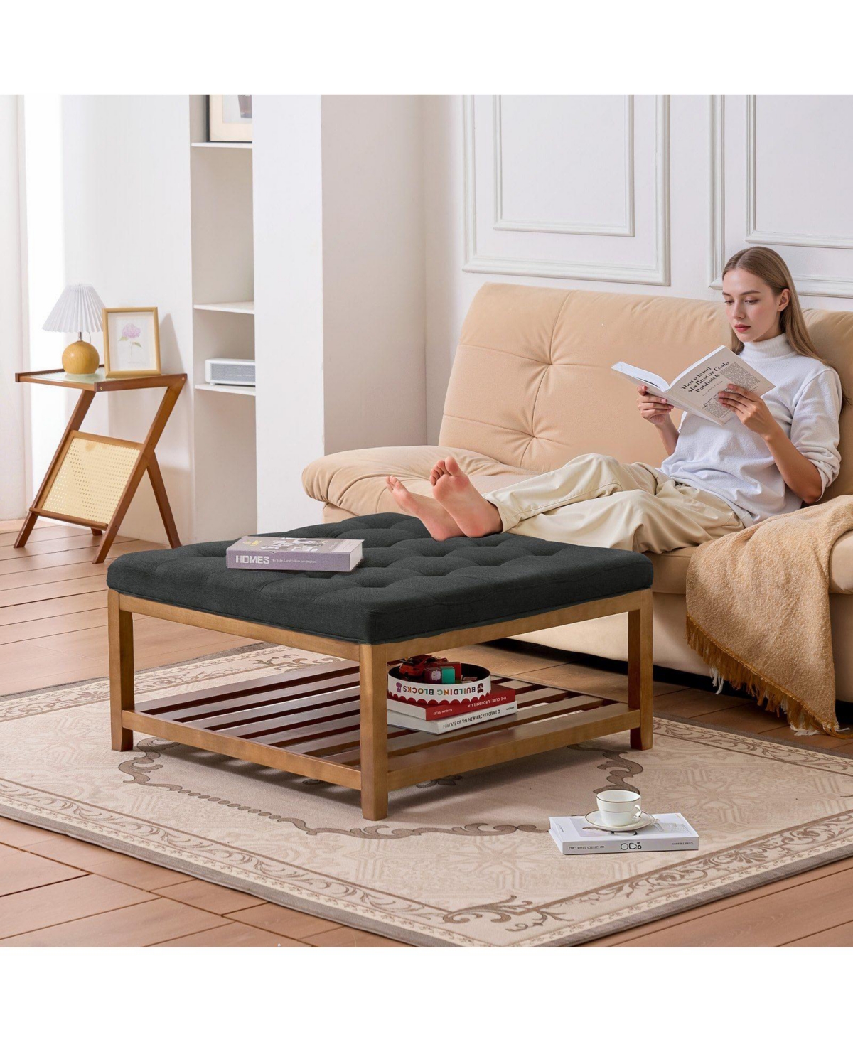 Slickblue Square Linen Upholstered Ottoman Coffee Table with Open Wood Shelf for Living Room