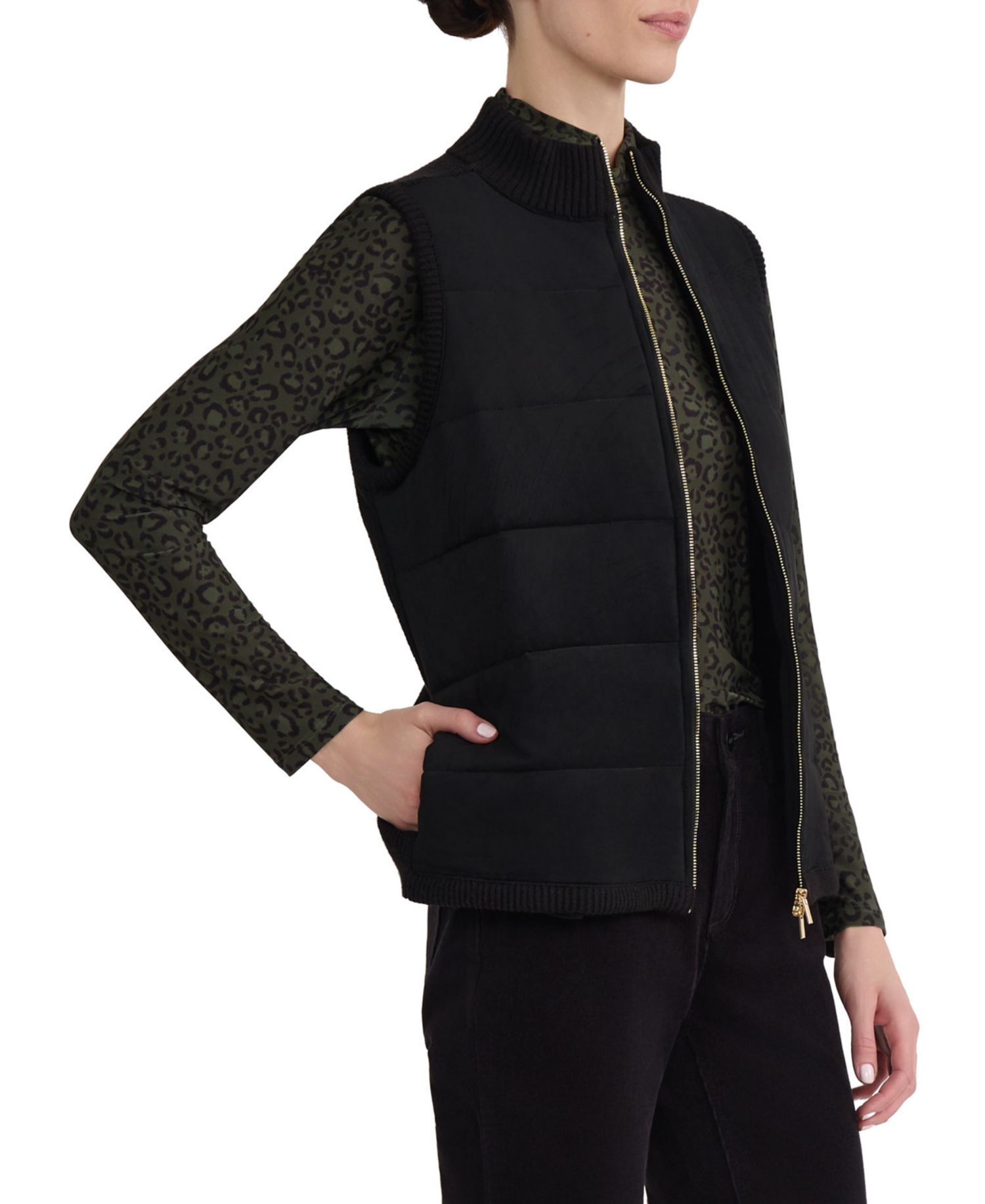 Women's Padded Faux-Suede Collared-Neck Zipper Vest
