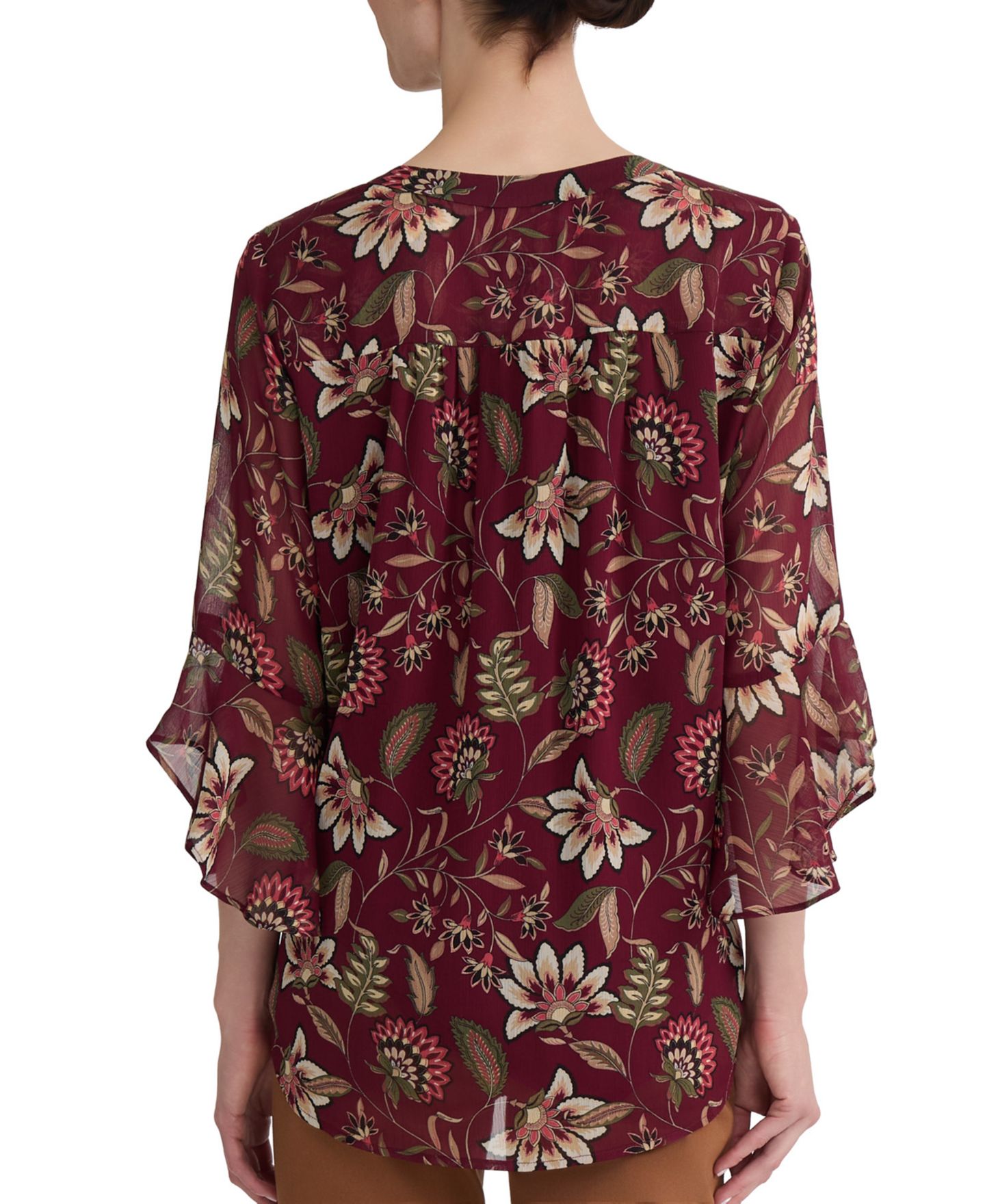 Женская блузка Jones New York V-Neck Flutter-Sleeve Floral-Print Blouse, цвет: Винный — фото 4
