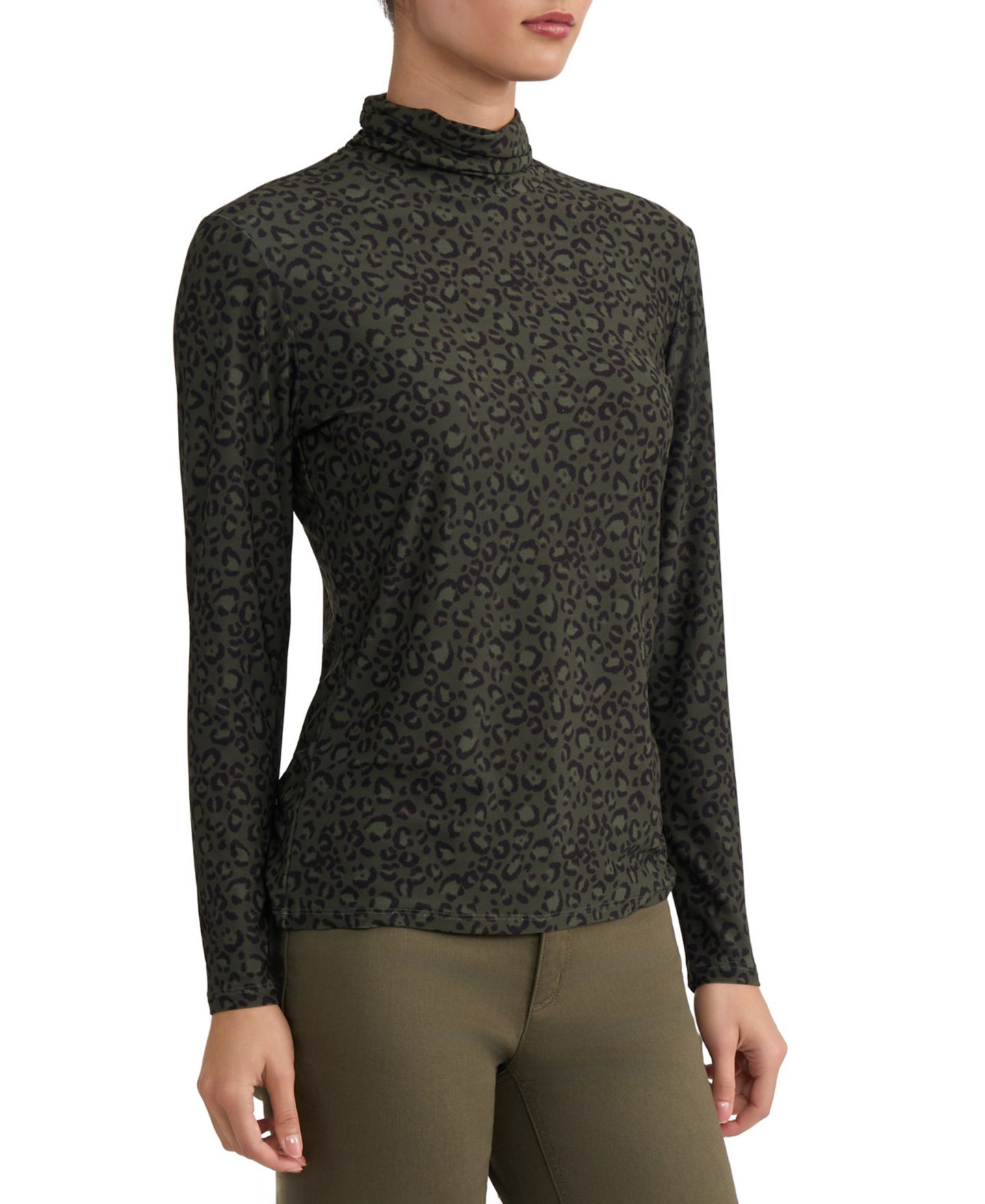 Женская футболка Jones New York Leopard-Print Long-Sleeve Turtleneck, цвет: Зелёный — фото 2